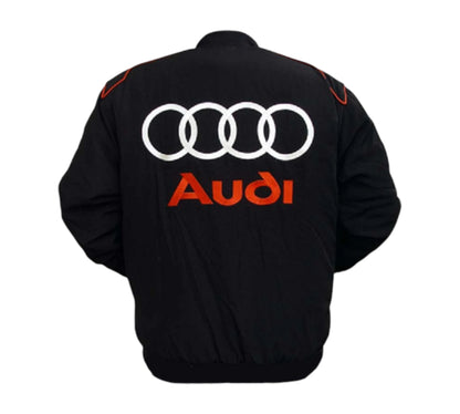 Black jacket with Audi logo on the back against a white background
