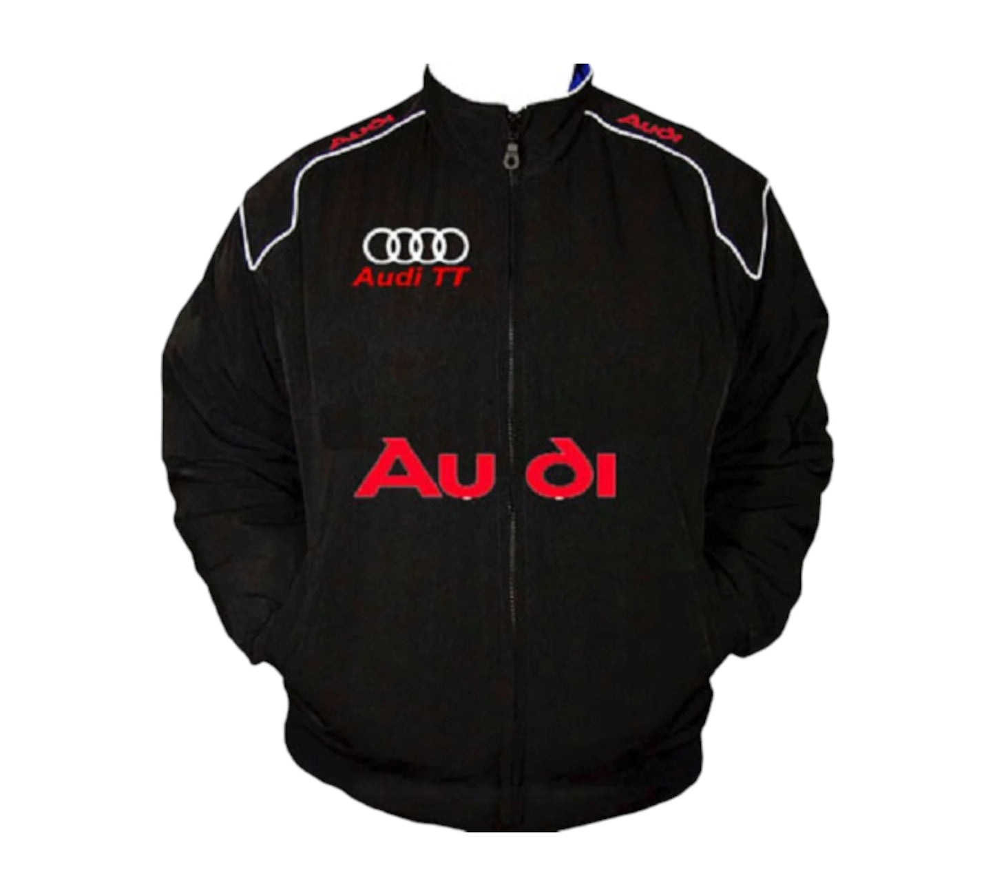 Black Audi jacket with red branding on a white background