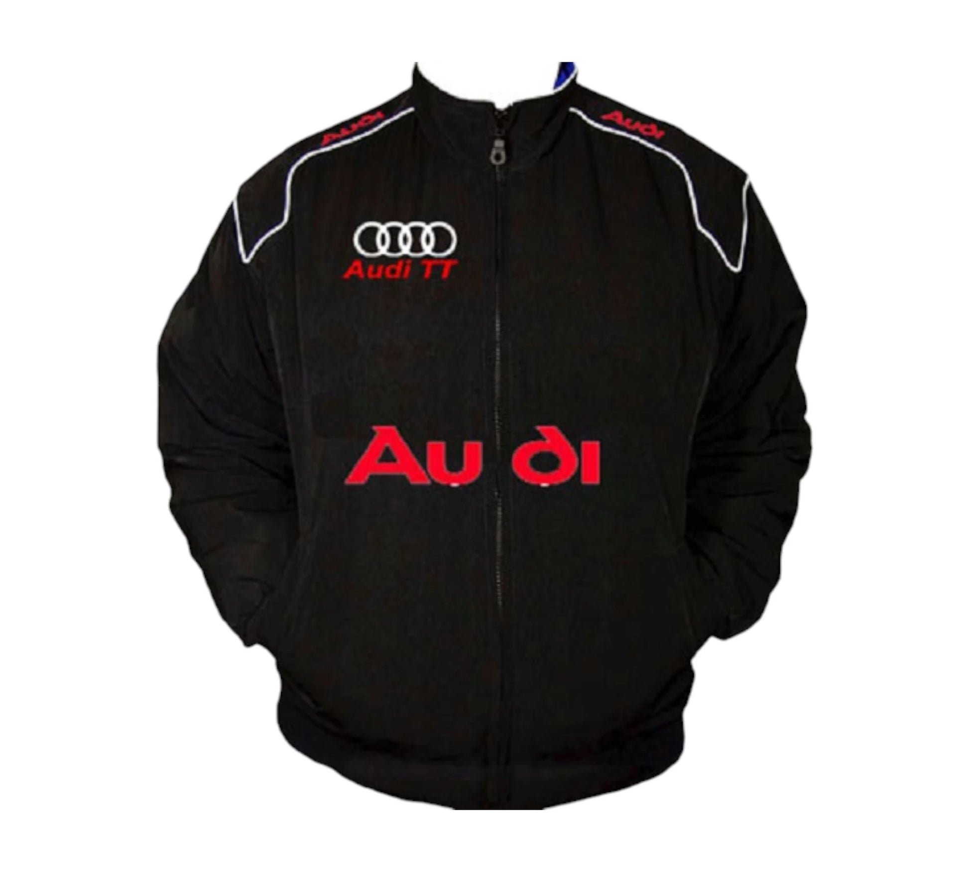 Black Audi jacket with red branding on a white background
