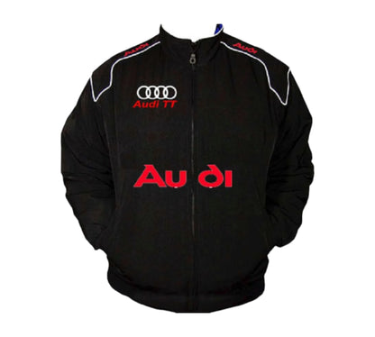 Black Audi jacket with red branding on a white background