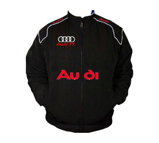 Black Audi jacket with red branding on a white background