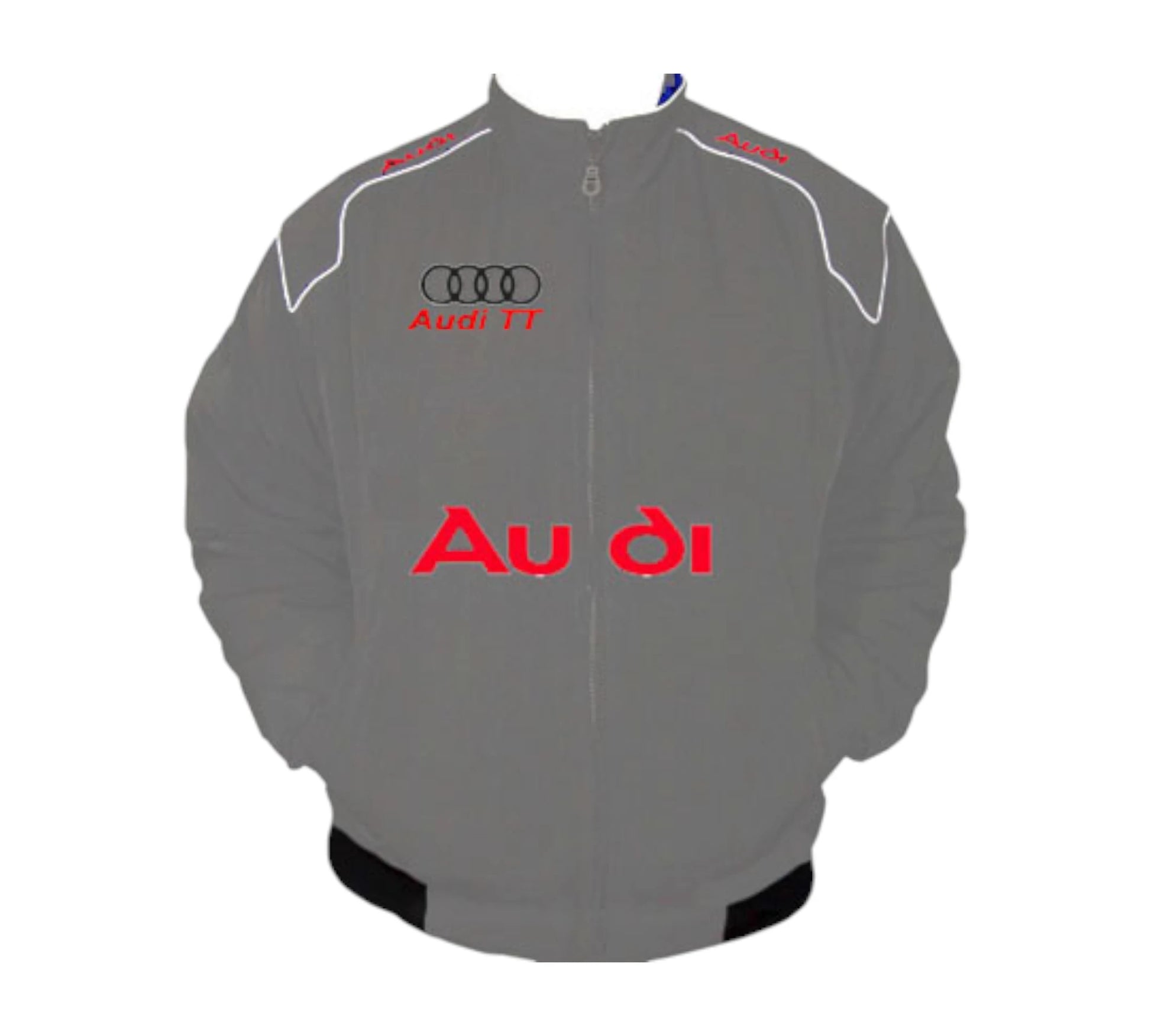 Gray racing jacket with Audi branding on a white background