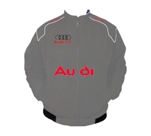 Gray racing jacket with Audi branding on a white background