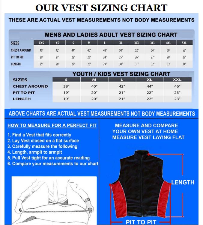 Vest sizing chart for men, women, and youth on a blue background