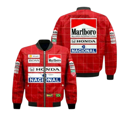 Red racing jacket with various sponsor logos on a white background