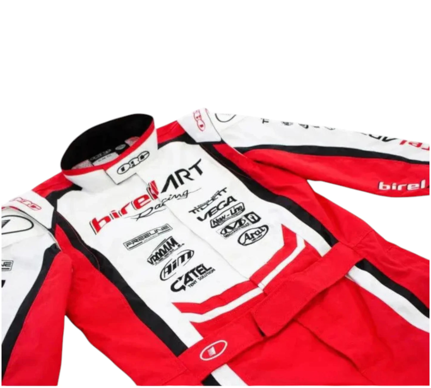 Red and white racing suit with various sponsor logos on a white background