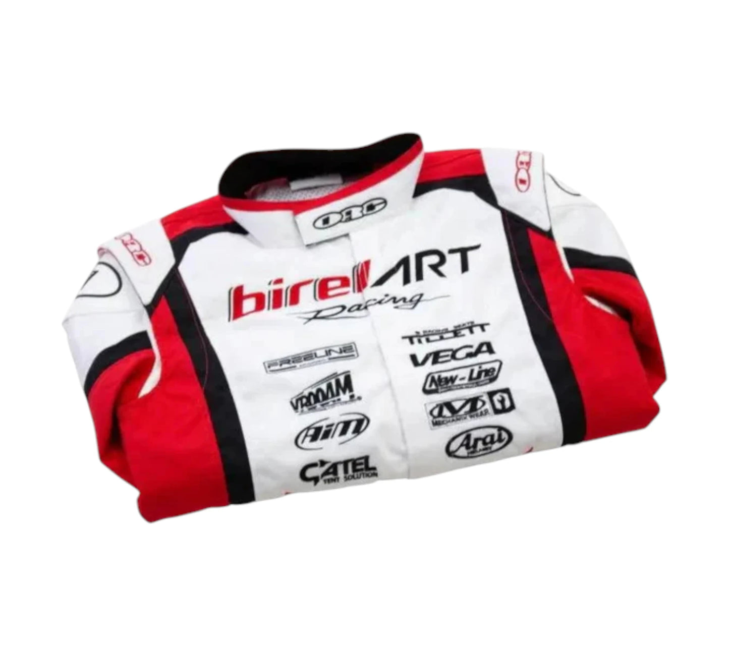 White and red racing suit with multiple brand logos on a white background
