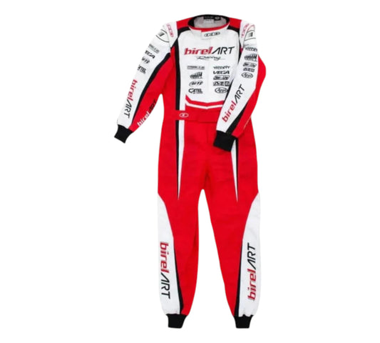 Red and white racing suit with visible branding on a white background