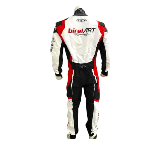 Motor racing suit with 'Birel Art' branding on a white background