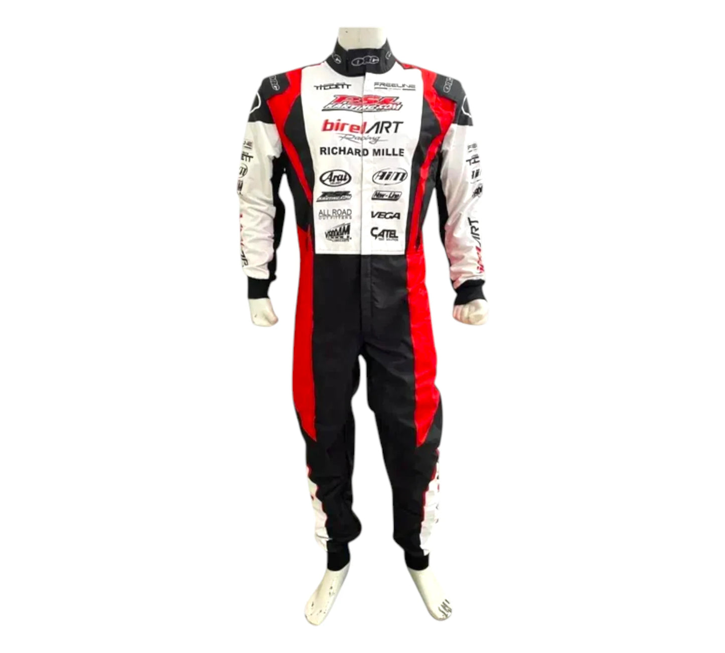Racing suit with various brand logos on a white background