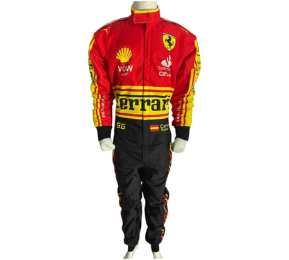 Red and black racing suit with Ferrari logo on a white background