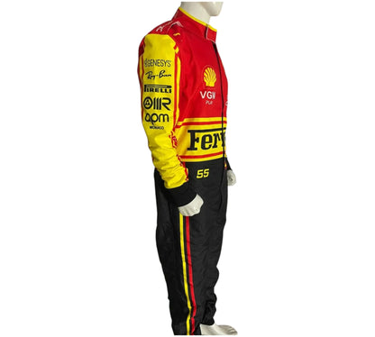 Racing suit with multiple brand logos on a white background