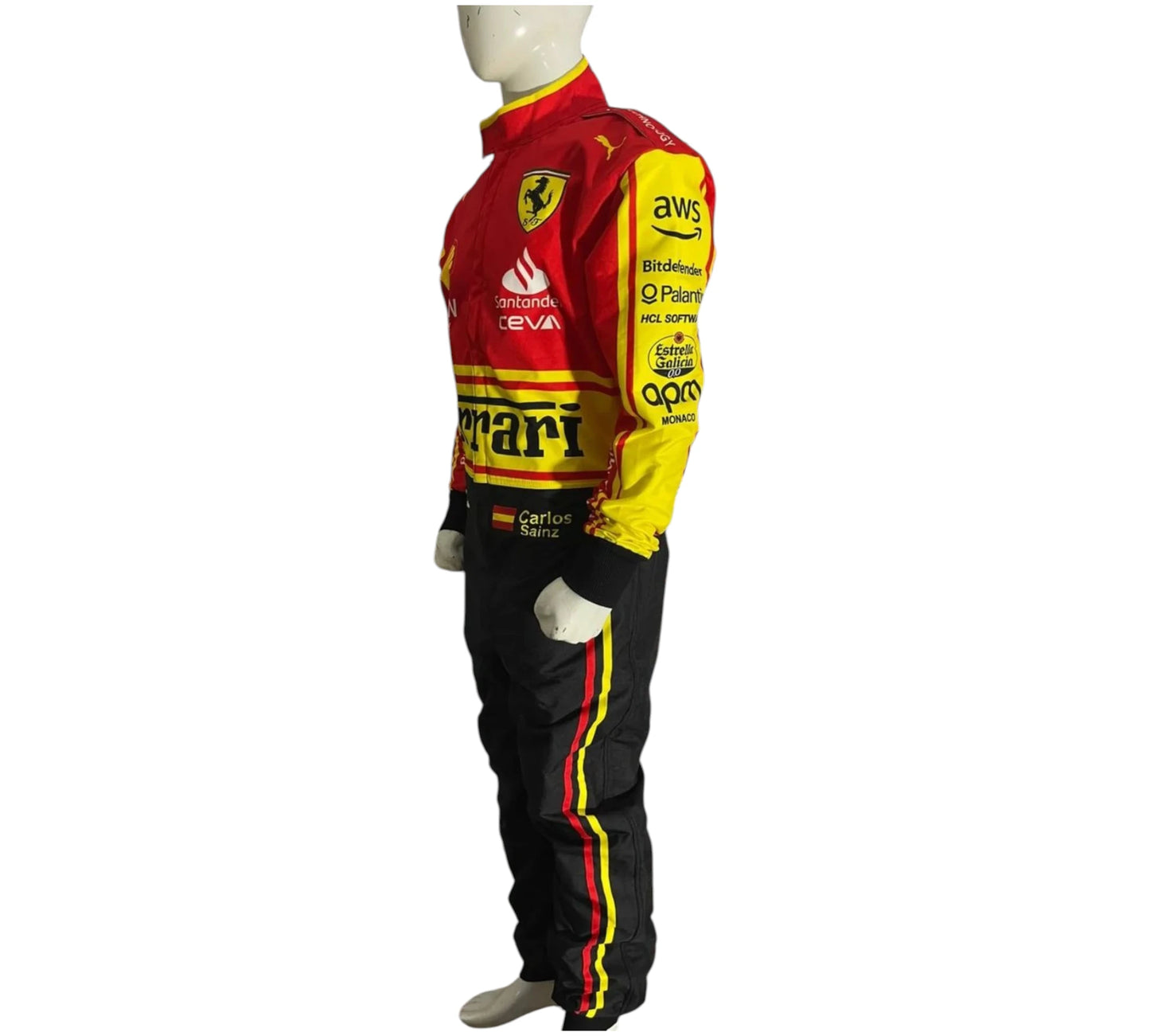 Person wearing a racing suit with 'Sainz' and 'hp' logos on a white background