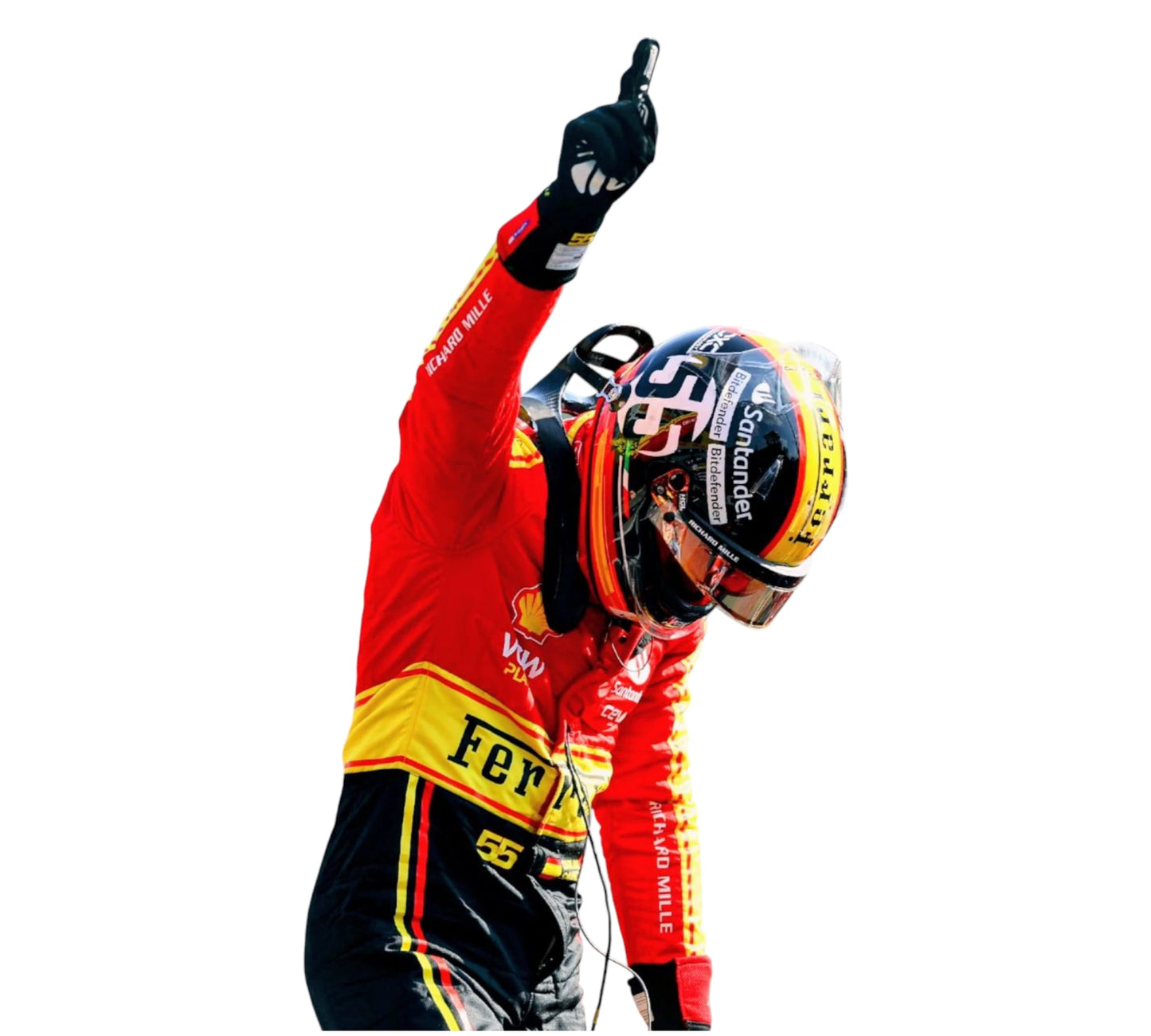Racing driver in red and black suit with helmet, pointing upwards on a white background
