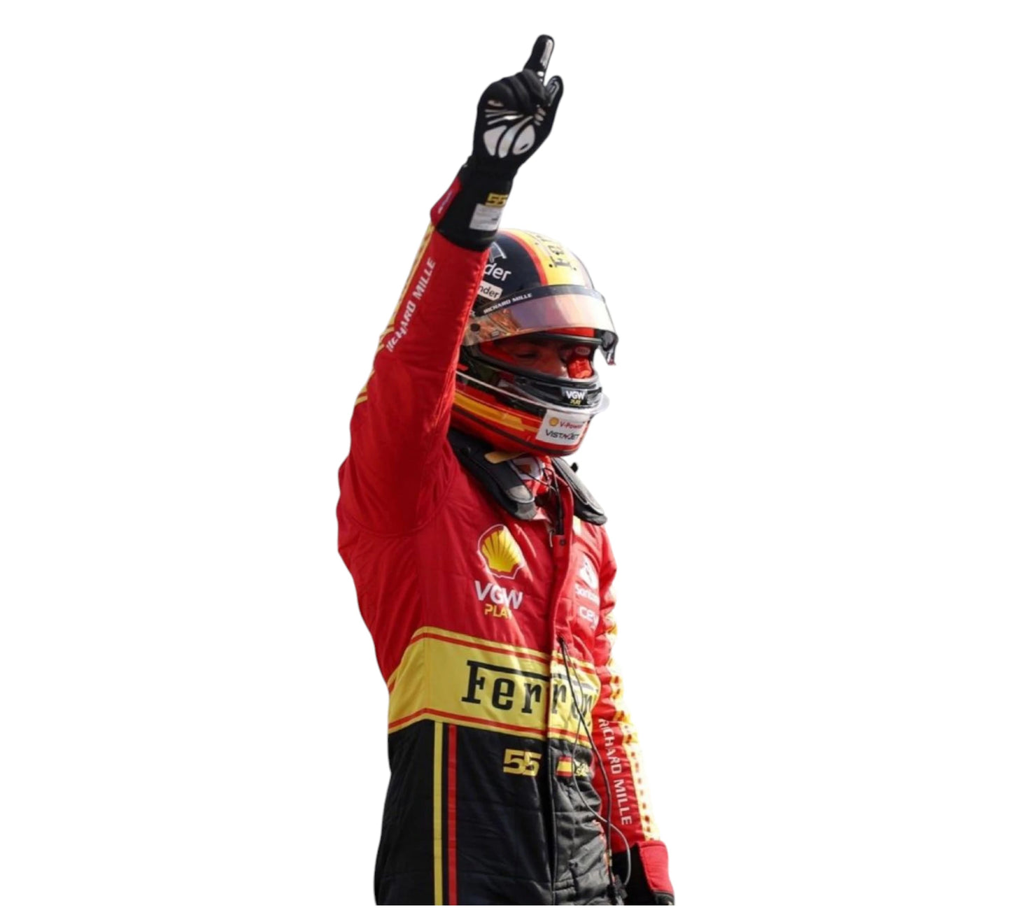 Person in a racing suit and helmet with Ferrari logo, raising a gloved hand on a white background