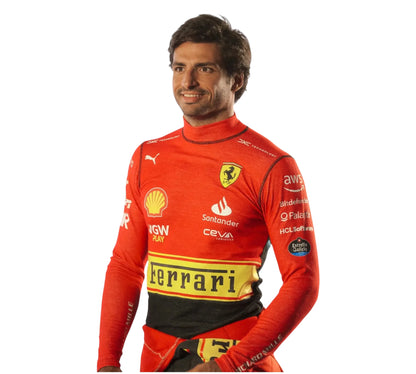 Person wearing a red racing suit with Ferrari logo on a white background