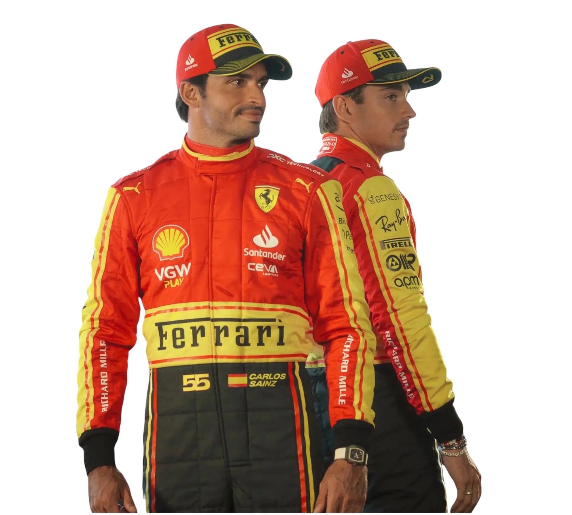 Two views of a person wearing a Ferrari racing suit with various sponsor logos on a white background.