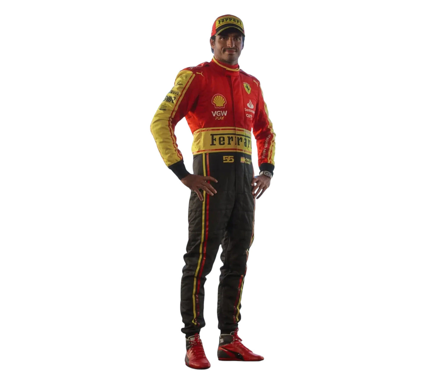 Person wearing a red and yellow racing suit with visible branding on a white background