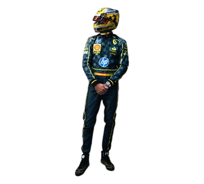 Person wearing a racing suit and helmet on a white background