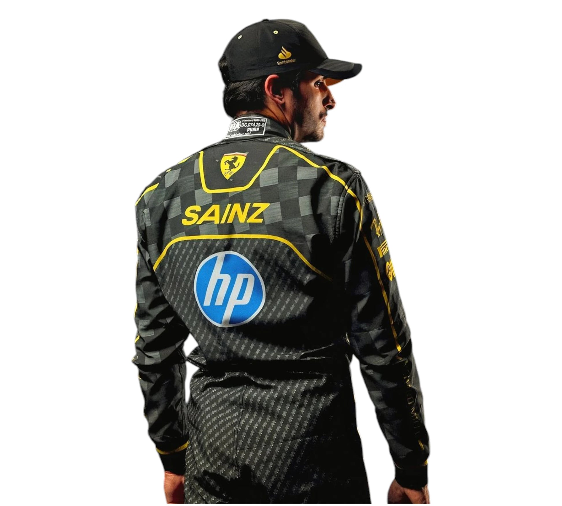 Person wearing a racing suit with 'Sainz' and 'hp' logos on a white background