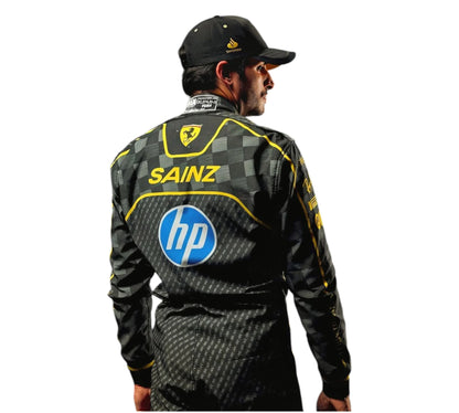 Person wearing a racing suit with 'Sainz' and 'hp' logos on a white background