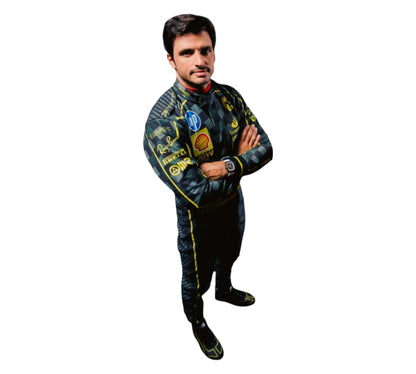 Person wearing a detailed racing suit with sponsor logos on a white background
