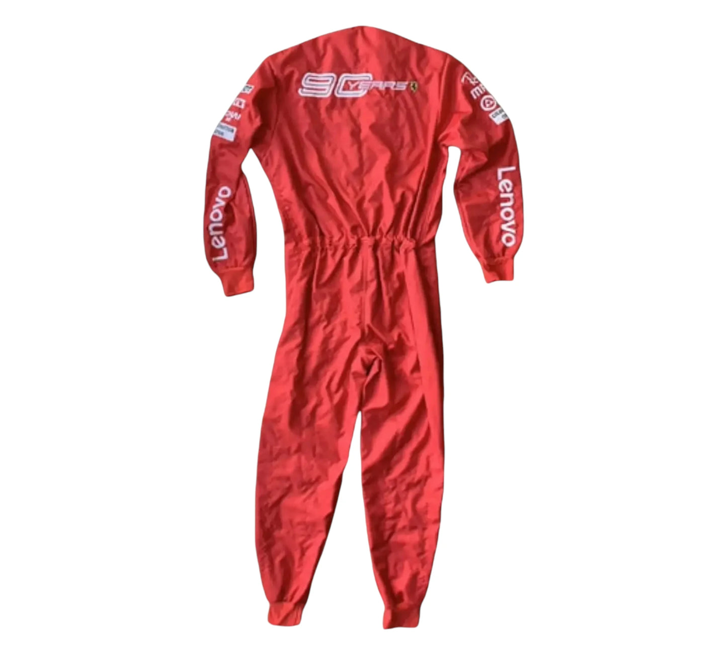 Red racing suit with Lenovo branding on a white background