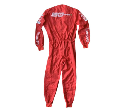 Red racing suit with Lenovo branding on a white background