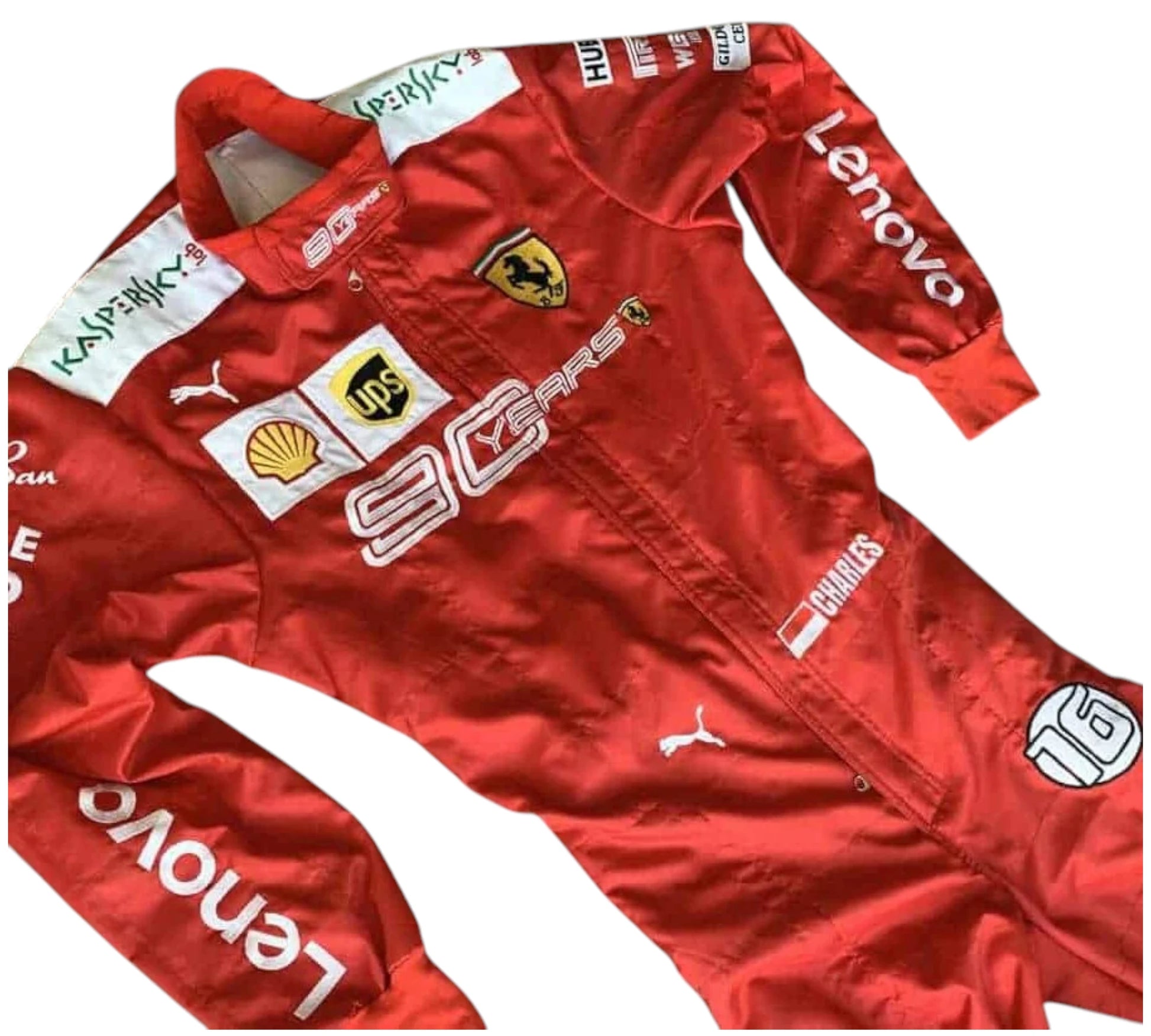 Red racing suit with various sponsor logos on a white background