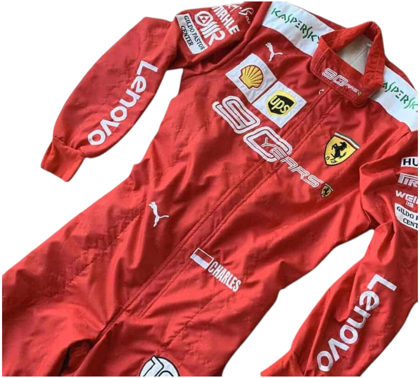 Red racing suit with various sponsor logos on a white background