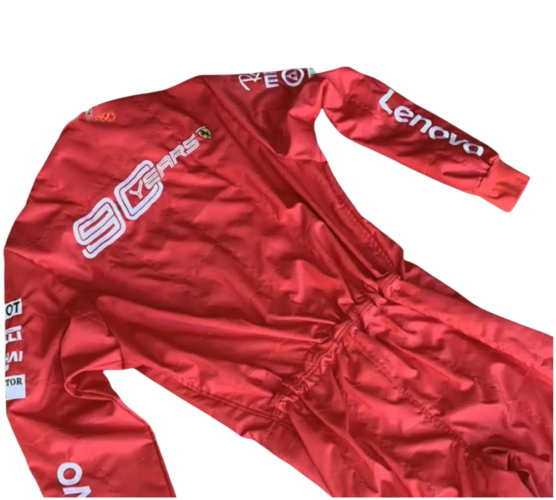 Red racing suit with visible branding on a white background