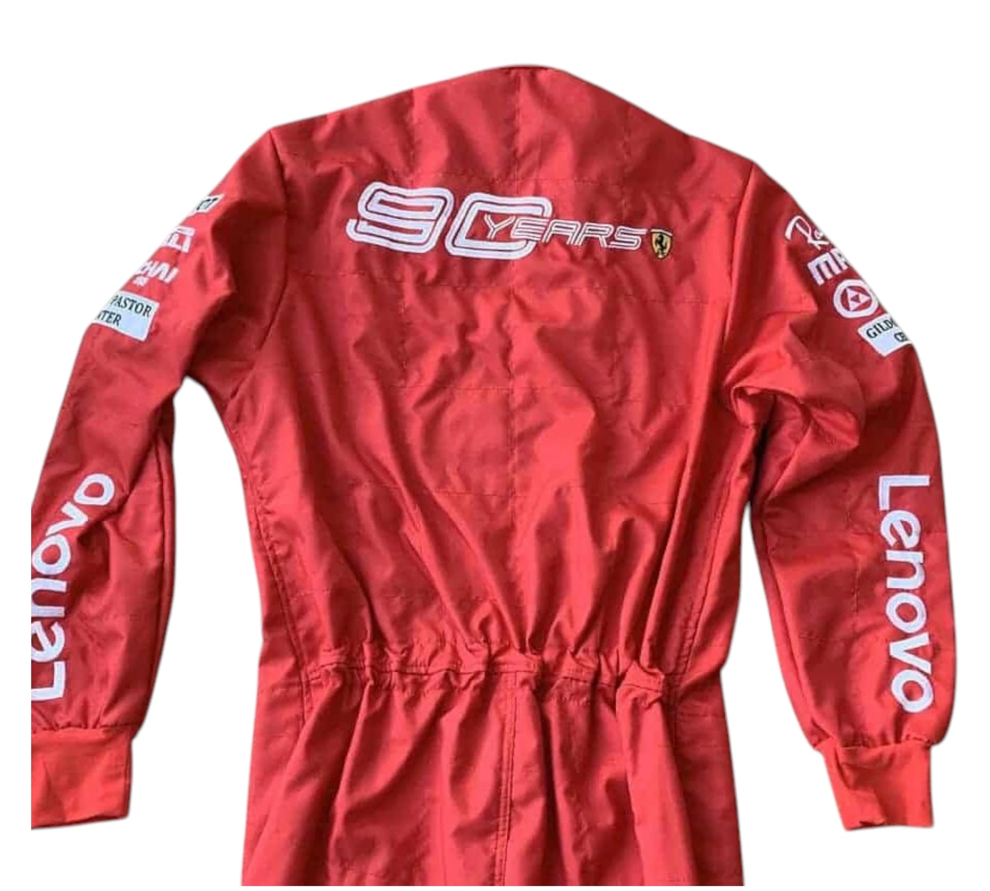 Red racing suit with visible branding on a white background