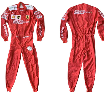Red racing suit with various logos on a white background
