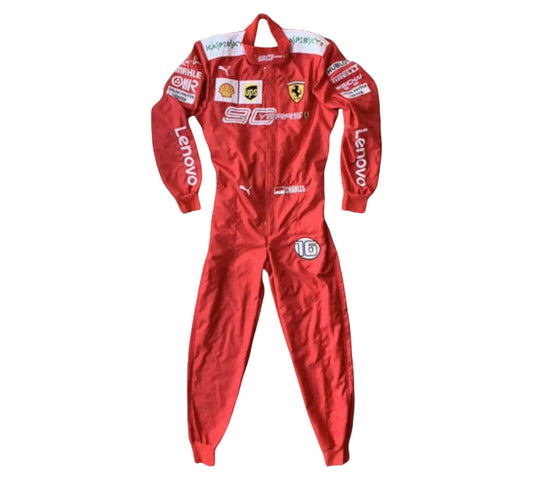 Red racing suit with various logos on a white background