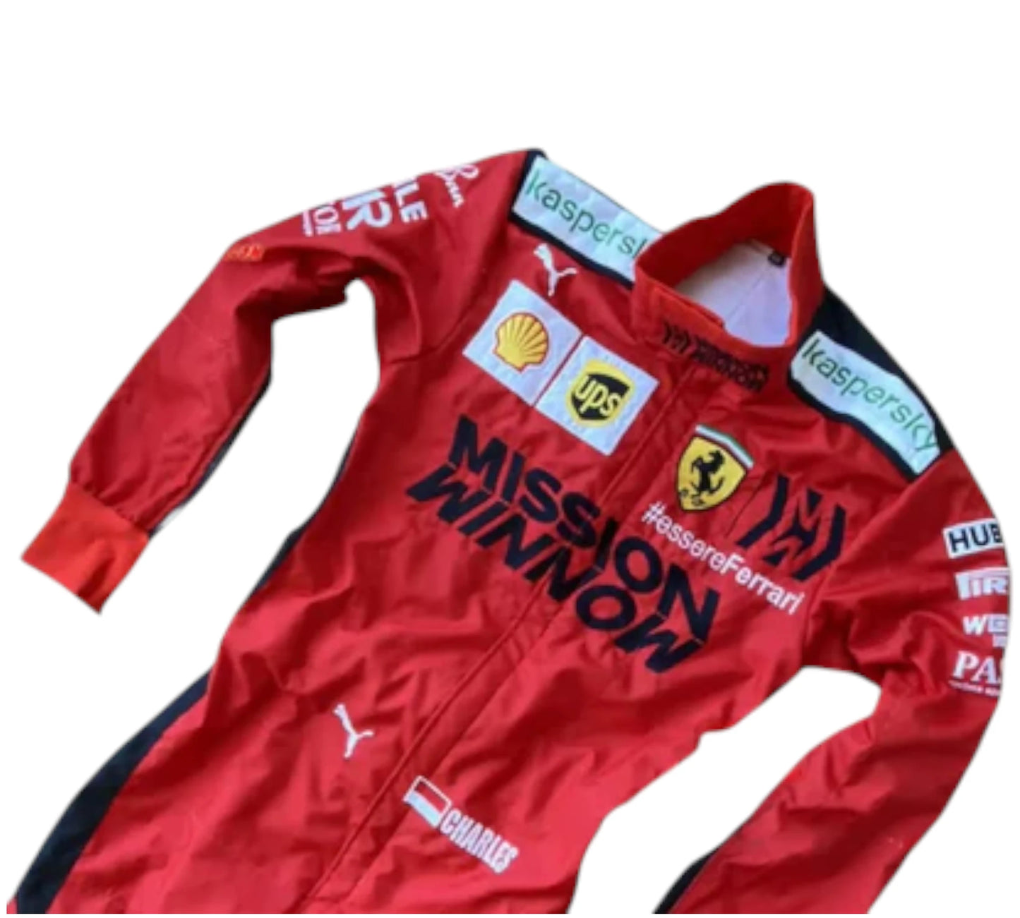 Red racing suit with various sponsor logos on a white background