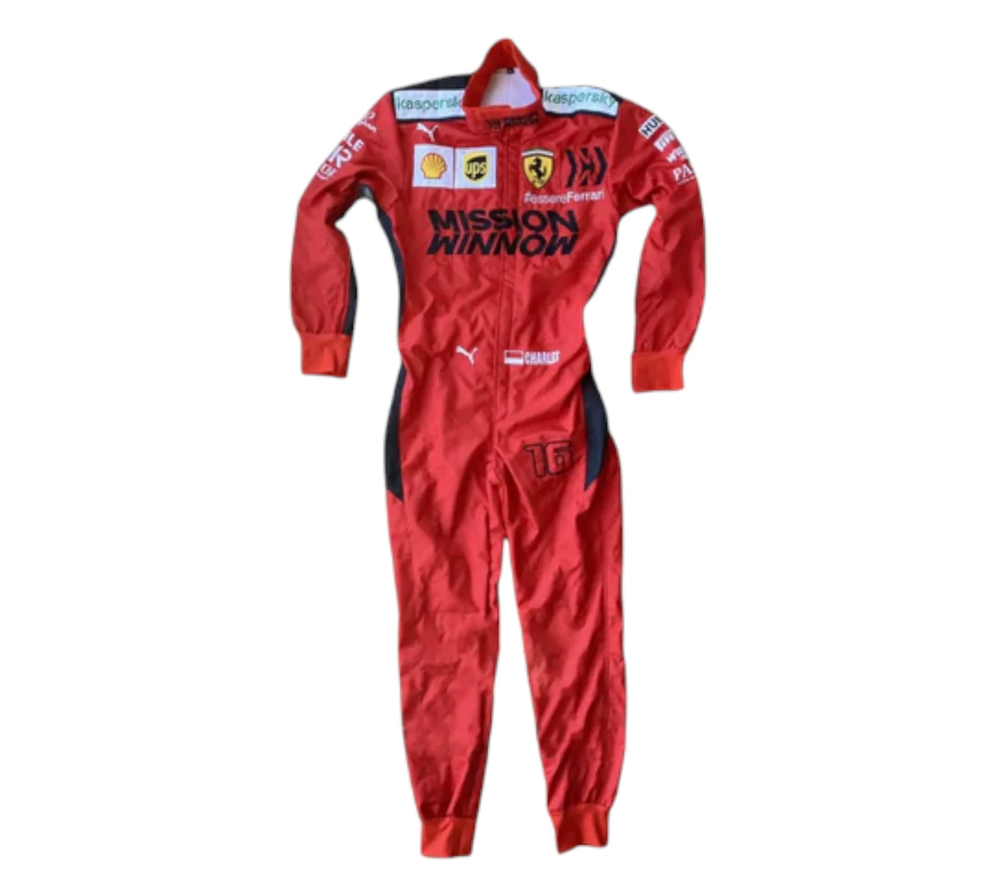 Red racing suit with various logos on a white background