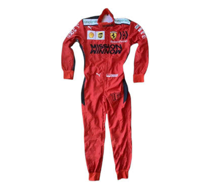 Red racing suit with various logos on a white background