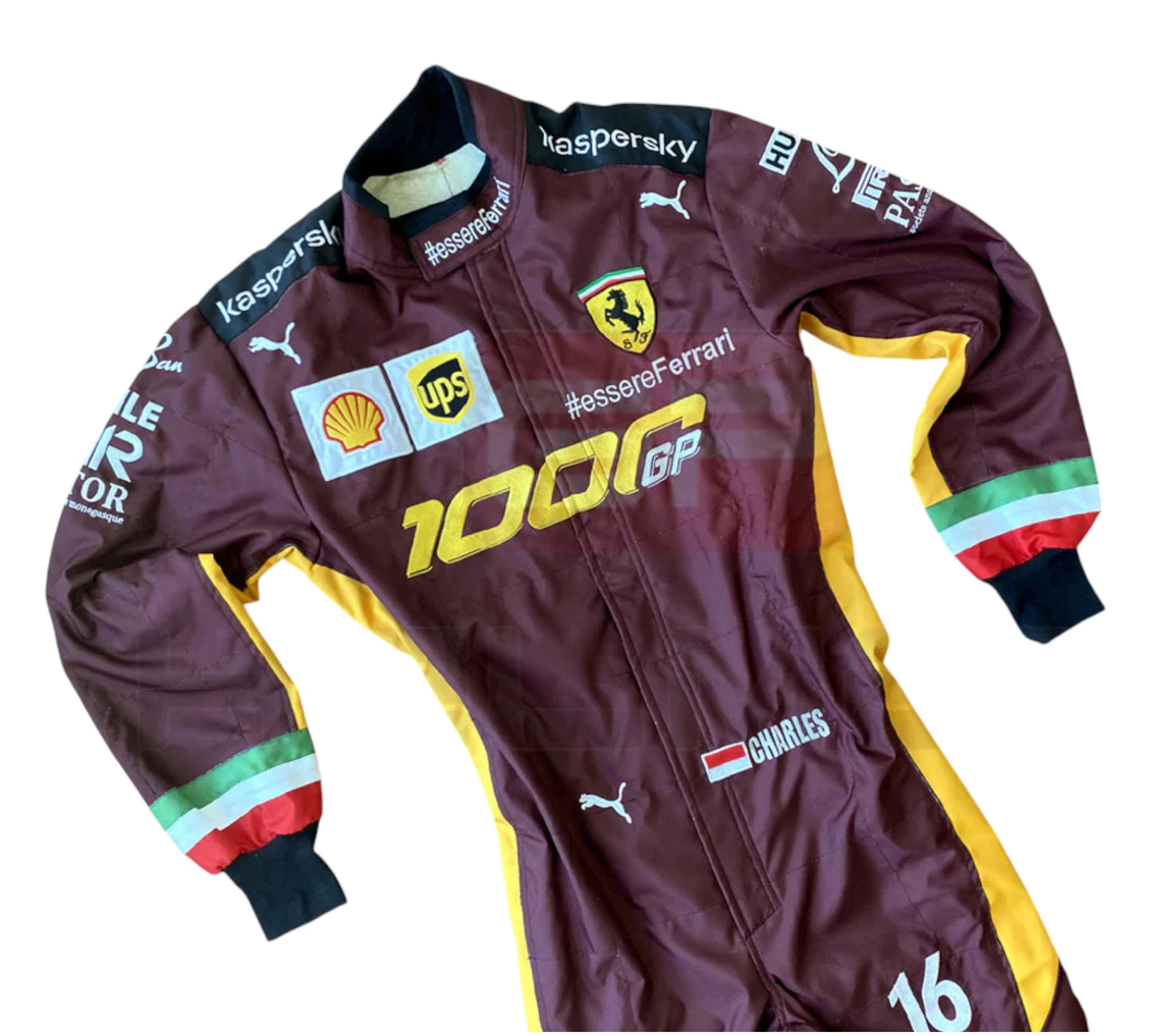 Maroon racing suit with various logos on a white background