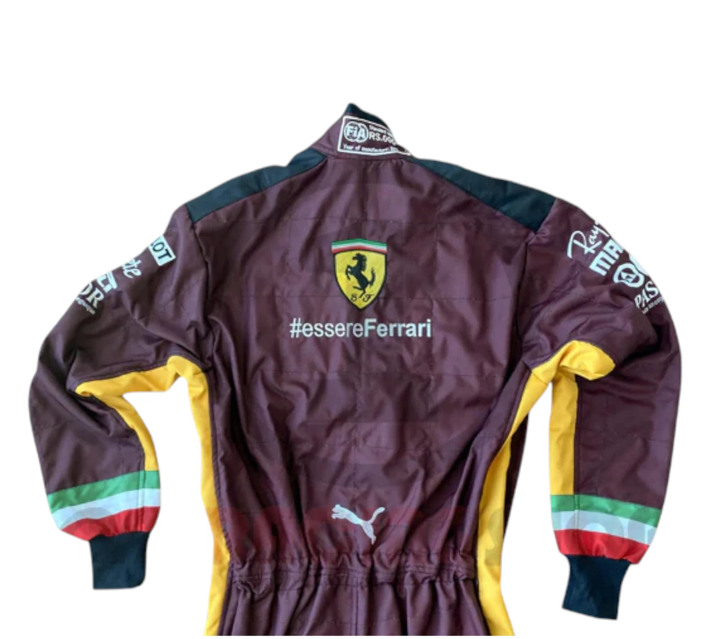 Maroon racing suit with Ferrari logo and branding on a white background