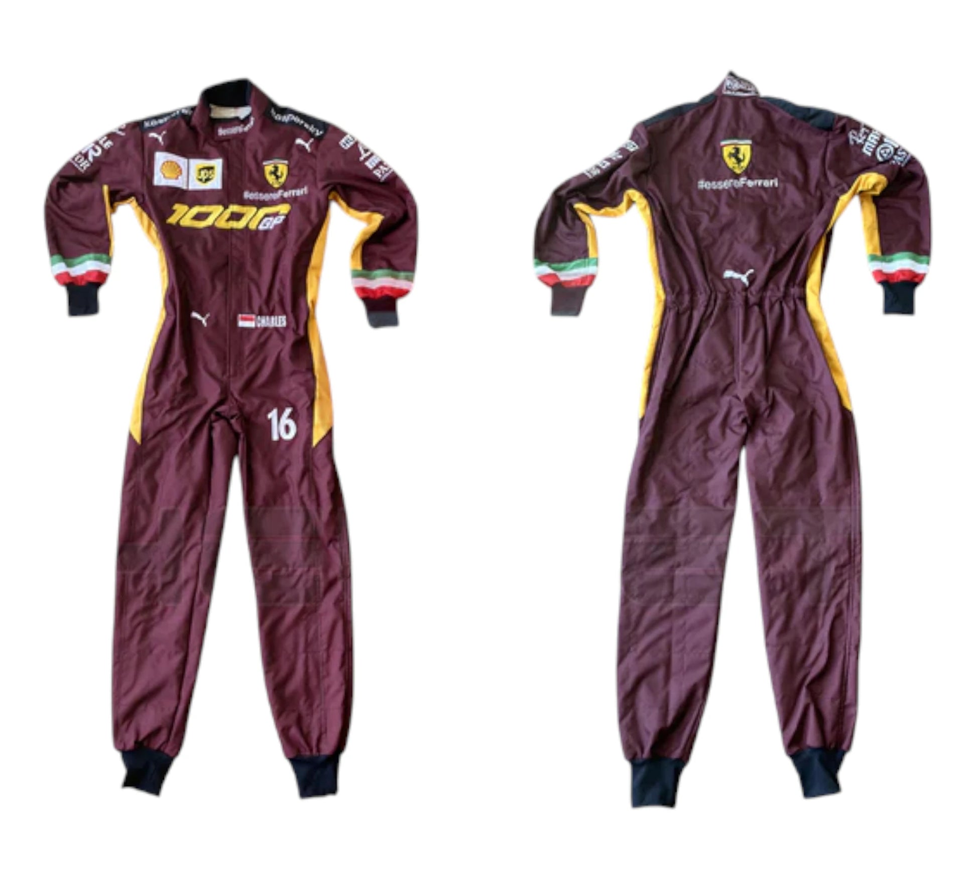 Maroon racing suit with visible branding on a white background