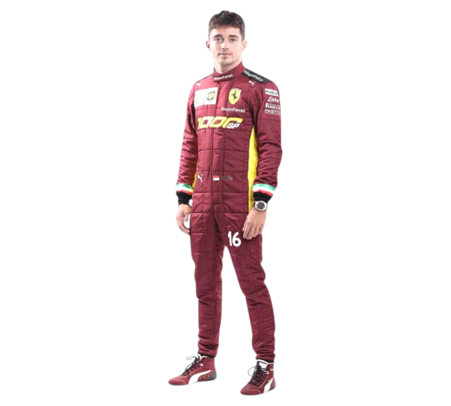 Person wearing a maroon racing suit with sponsor logos on a white background