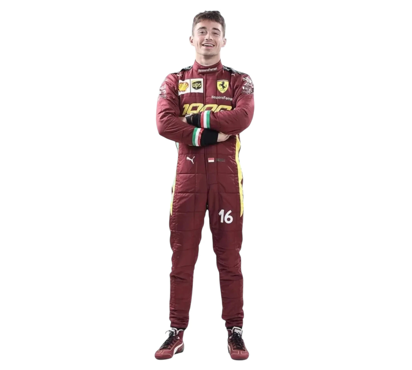 Person wearing a red racing suit with visible branding on a white background