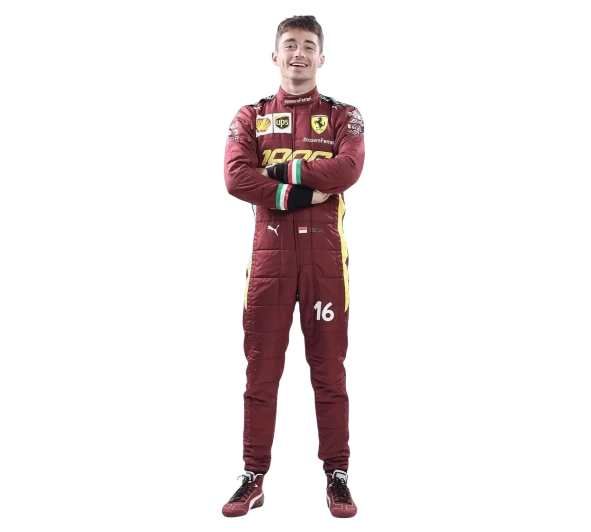Person wearing a red racing suit with visible branding on a white background