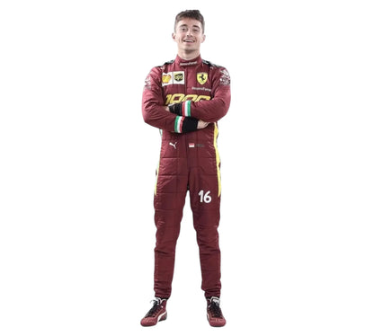 Person wearing a red racing suit with visible branding on a white background