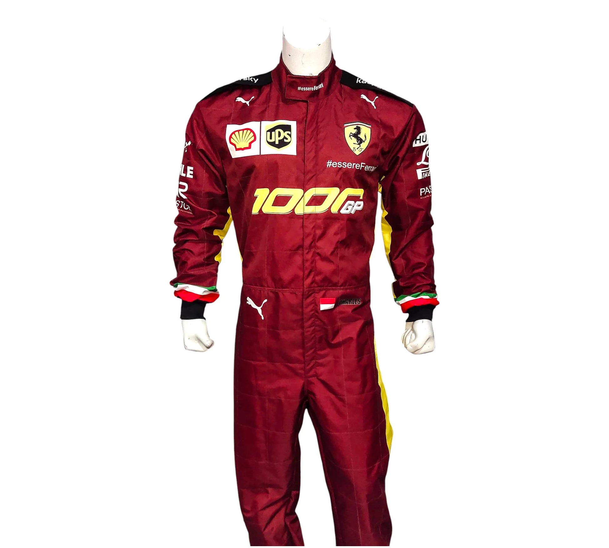 Red racing suit with various logos on a white background