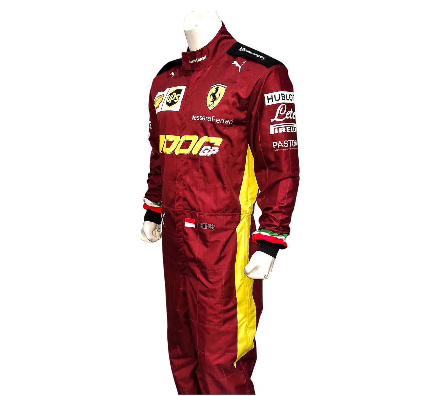 Red and yellow racing suit with various sponsor logos on a white background