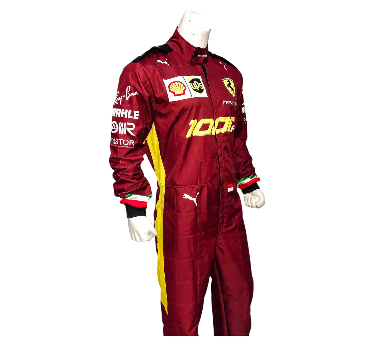 Red racing suit with yellow accents and various logos on a white background