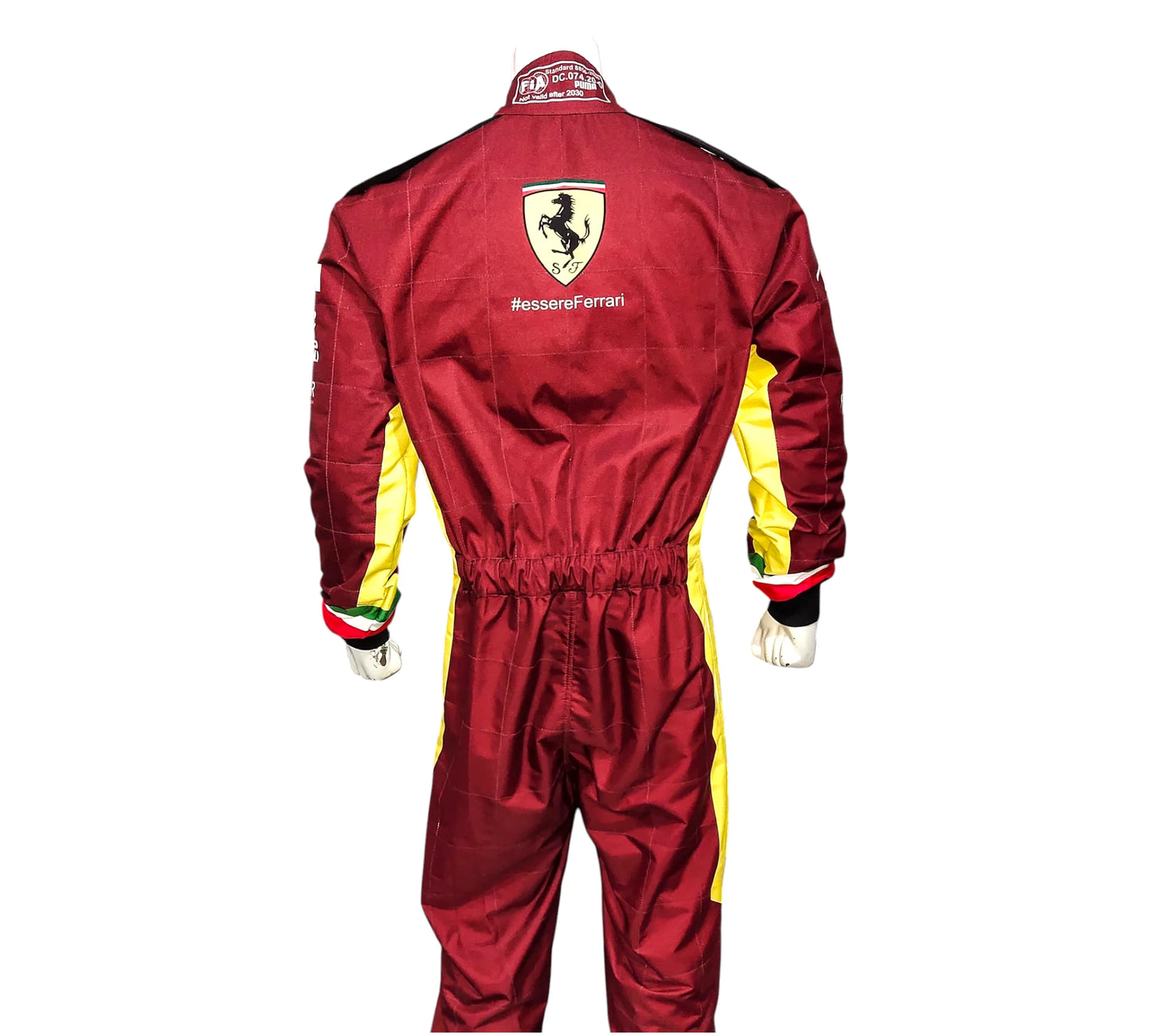 Red racing suit with yellow accents and Ferrari logo on a white background