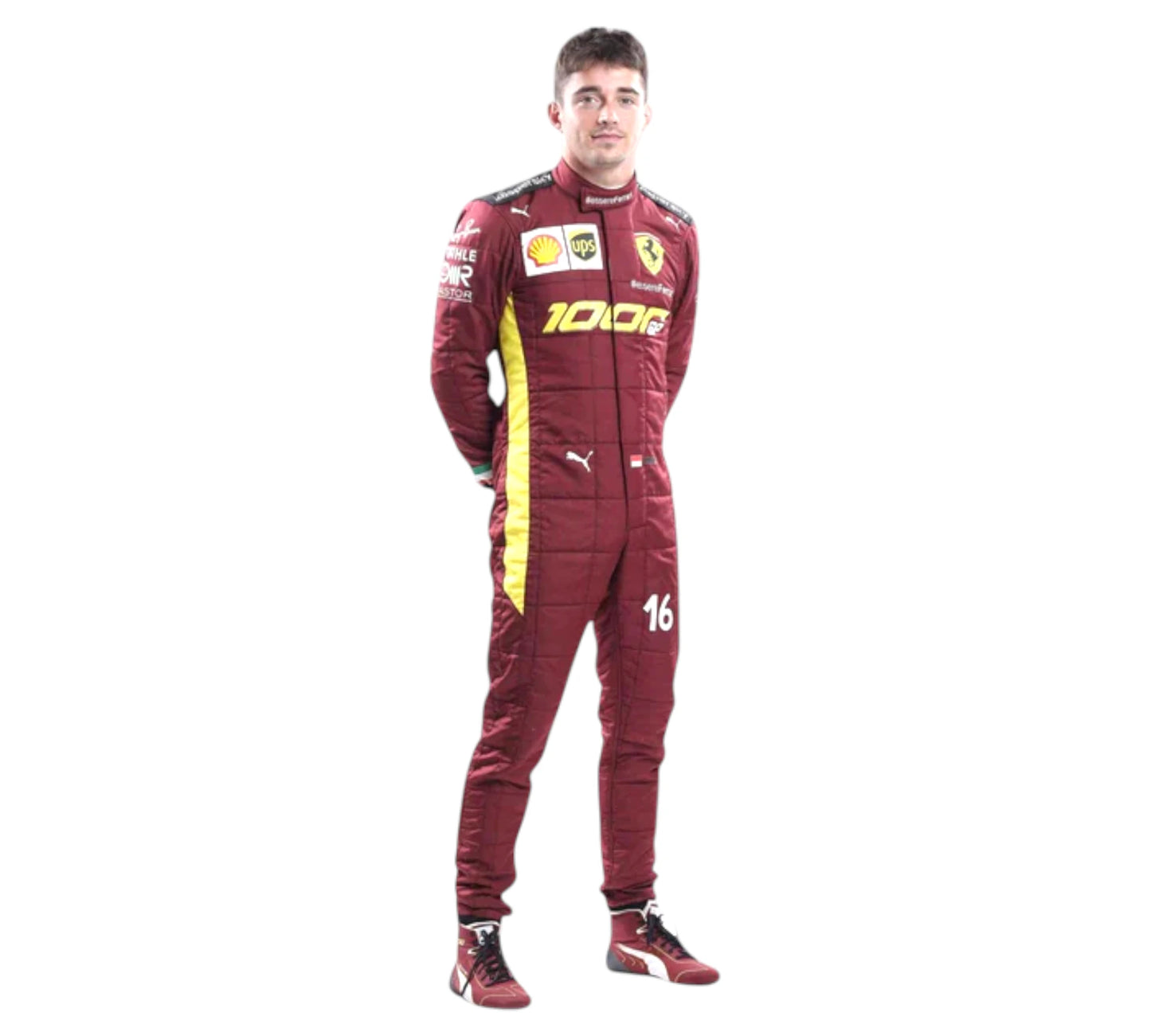 Person wearing a maroon racing suit with Ferrari logo on a white background