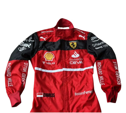 Red and black racing jacket with various sponsor logos on a white background